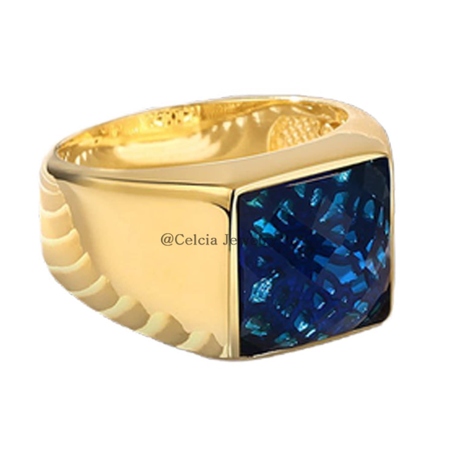 CELCIA JEWELRYNatural Blue Cubic Zircon 12MM Gemstone Ring, Solid 925 Sterling Silver Ring, Unique Gifts for Son, Groomsmen Gifts, Mens Signet Ring, Yellow Gold Vermeil Ring, (blue-cubic-zircon (yellow)