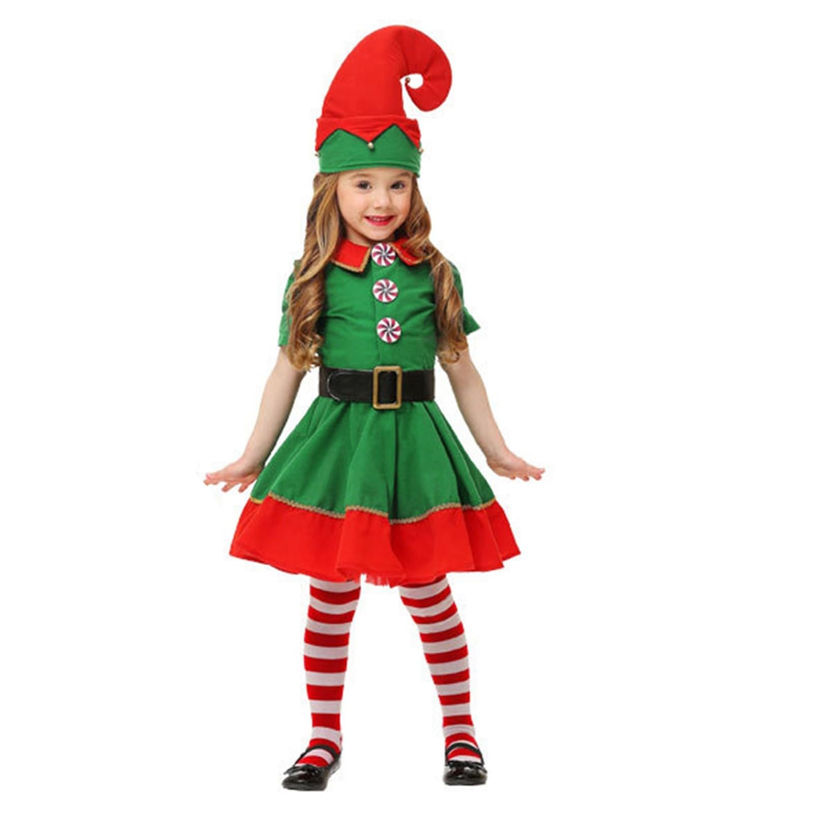 Girls Elf Costume Kids Christmas Dress Costume Set Cosplay Holiday Outfits Funny Fancy Elves Costumes for Kids with Hat + Dress + Stockings + Belt