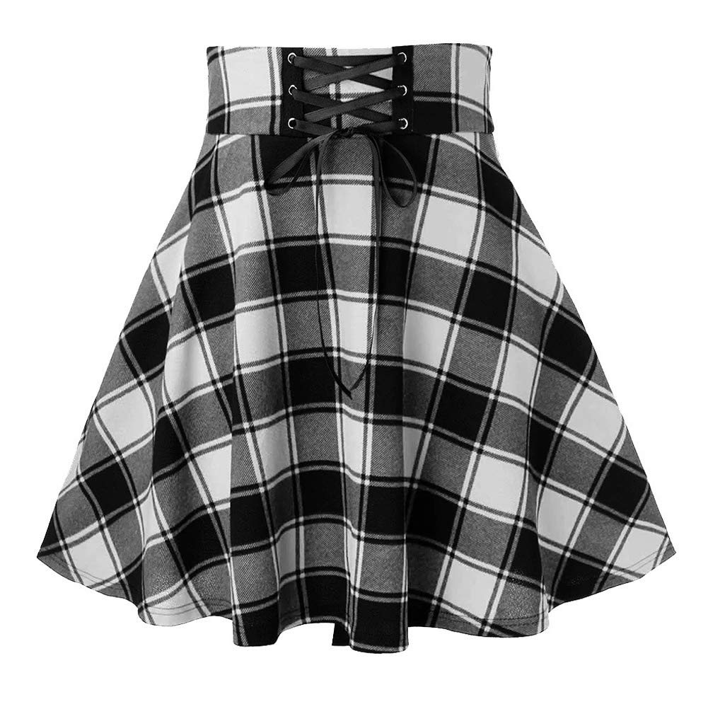 chouyatouWomen's Versatile Lace Up High Waist A-Line Plaid Mini Skater Skirt