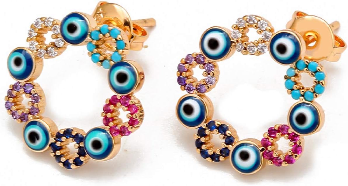 Dainty Evil Eye Flower Stud Earrings Cubic Zirconia Crystal Turkish Lucky Amulet for Women Girls Protection Jewelry