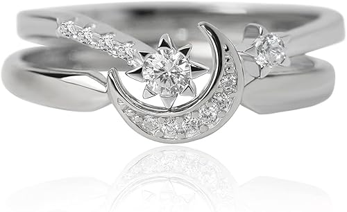 Meissa Juego de anillos de plata esterlina con luna y estrella, hechos a mano, apilables, chapados en oro rosa, regalo para mujeres, talla ajustable