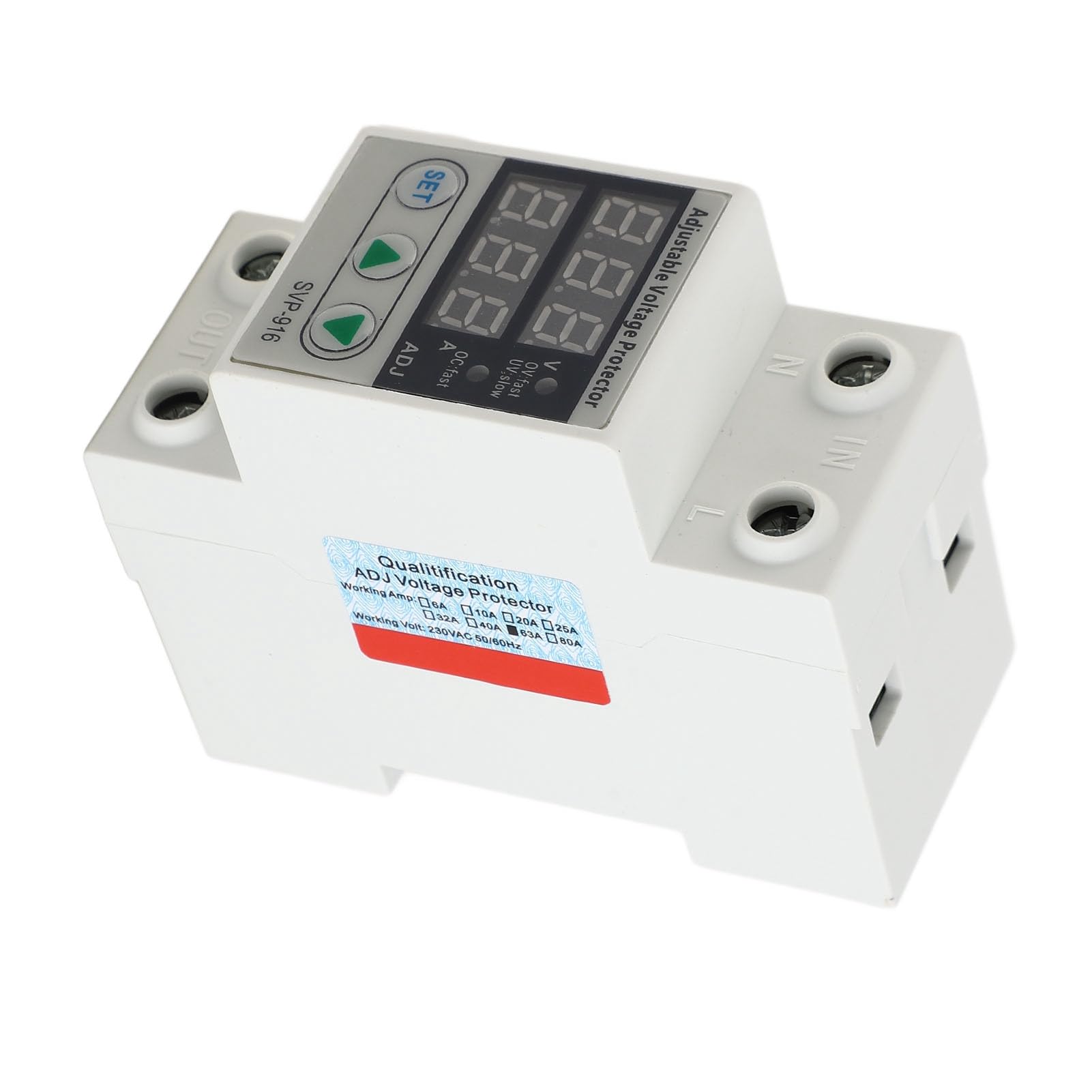 SVP 916, 230V AC Current Protector 63A, Intelligent Single Phase Adjustable Over Voltage Under Voltage Current Protective Device (63A)