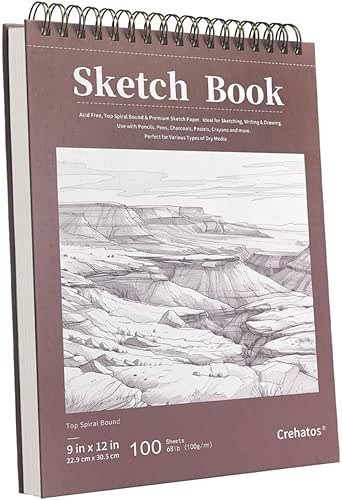 Crehatos 9" x 12" Sketch Book, Top Spiral Bound Sketch