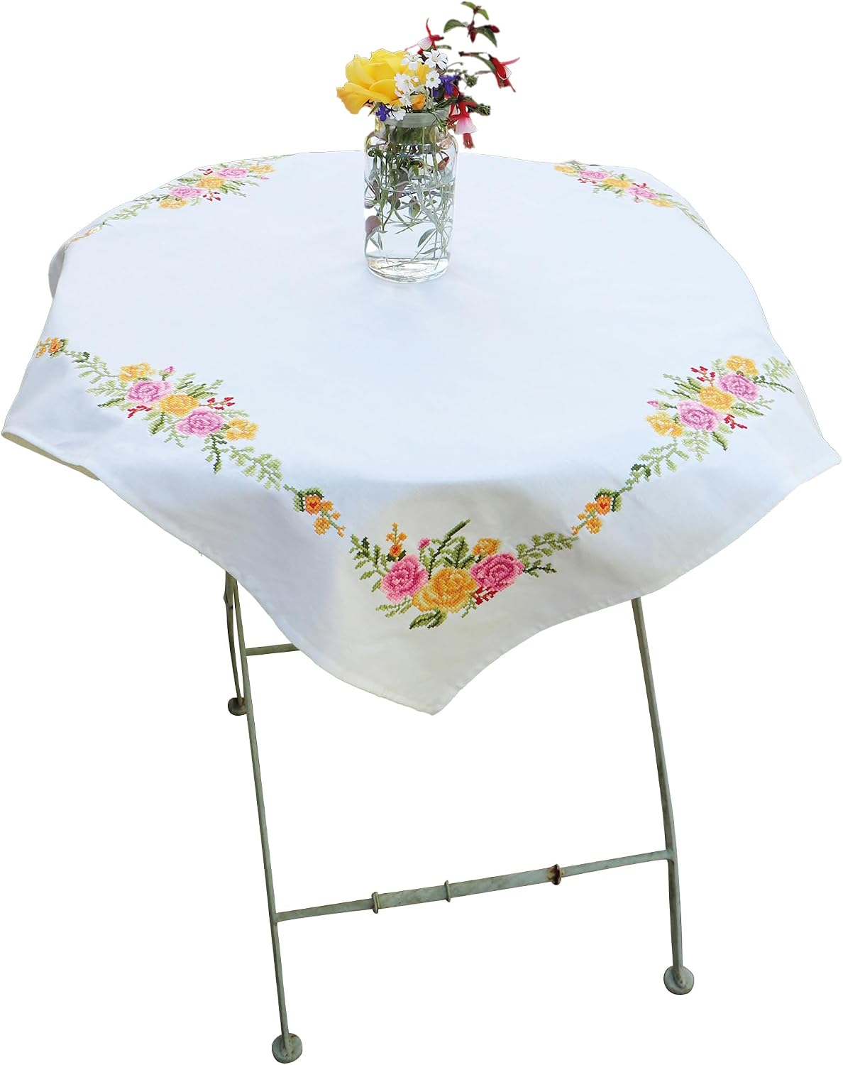 Trimits Cross Stitch Kit - Embroidery Your Own Tablecloth - Includes Printed Fabric, Threads, Needle and Instructions, 80 x 80 cm - Flower Bouquet