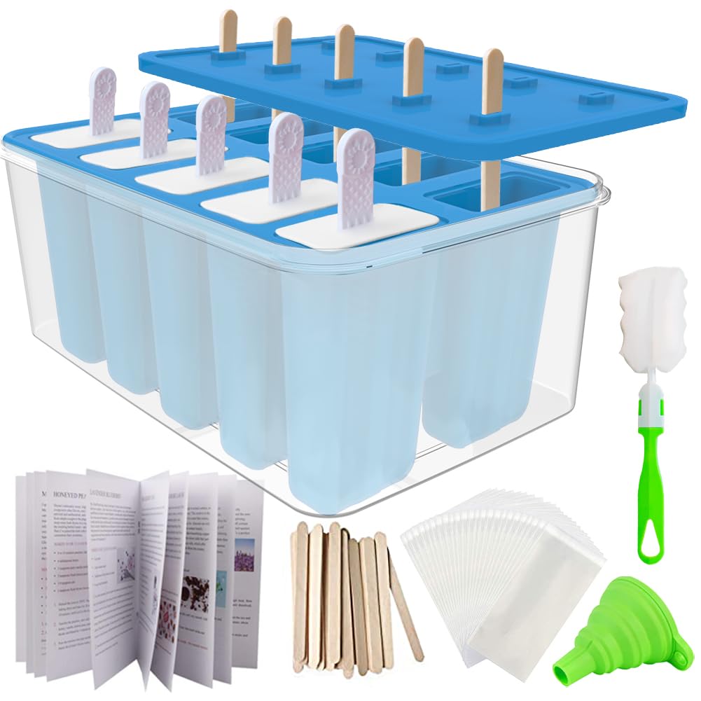 Miaowoof Homemade Popsicle Molds, Silicone Ice Popsicle Maker BPA Free, with 50 Sticks, 50 Bags, 10 Reusable Sticks, Funnel, Popsicle Storage Container and Ice Pop Recipes