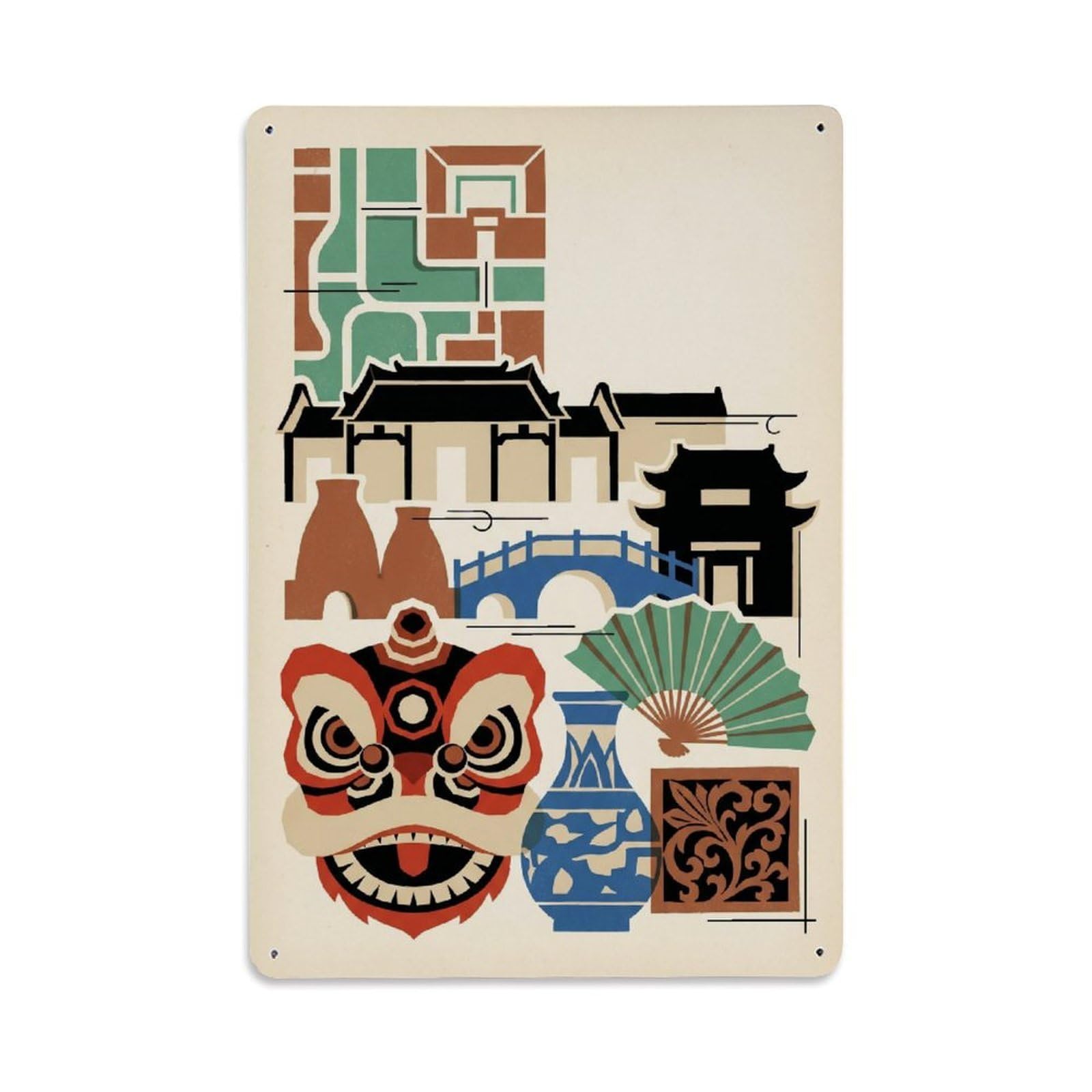 Okngb Style Foshan Travel Mosaic Geometric Landmark Illustration Metal Tin Sign Plaque Wall Decor For Cafe, Man Cave, Club Bar, Office, Home Garden Round Metal Poster 8X12inch
