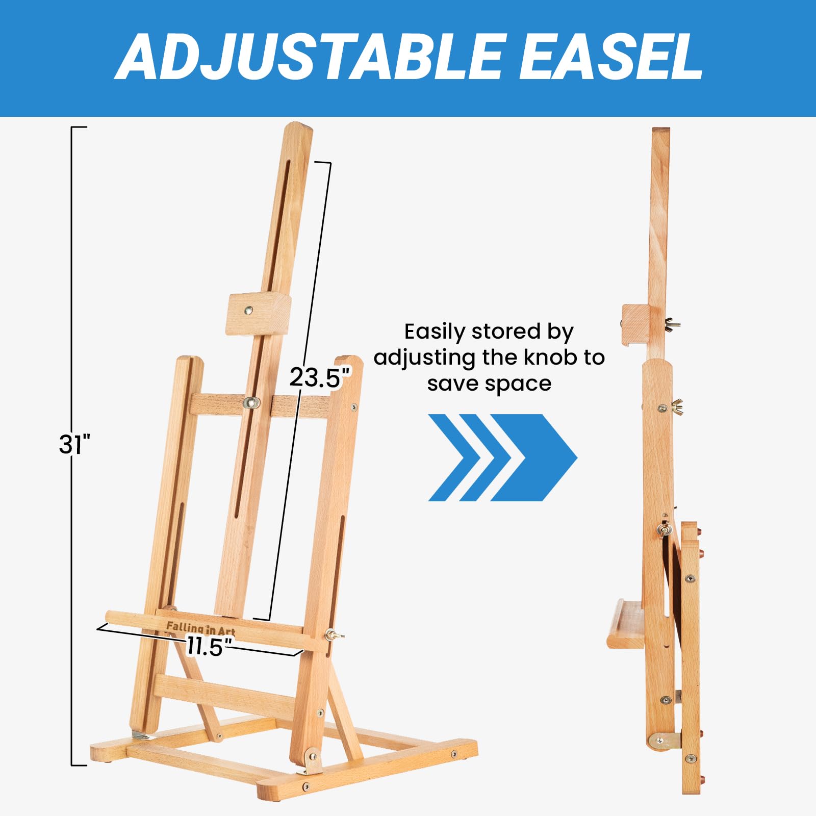 Falling in Art Basic Tischstaffelei mit H-Rahmen, verstellbare Schreibtisch-Staffelei aus Buchenholz, tragbare Staffelei für Anfänger und Künstler, hält Leinwand bis zu 61 cm hoch