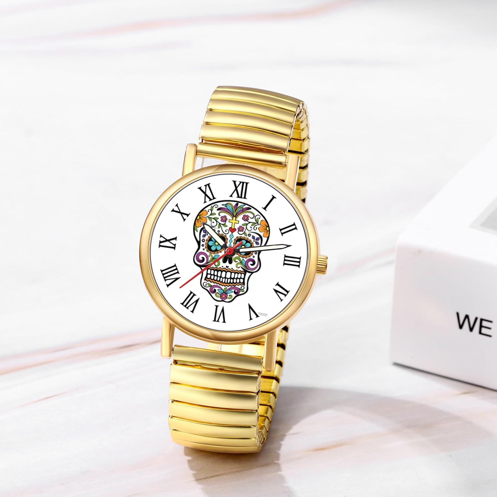 JewelryWe Damski zegarek z elastycznym paskiem, ultra cienki, łatwy czytnik, złoty/srebrny | Panie, data w dni powszednie, łatwe zakładanie dopasowania, biuro, spotkania, prezent dla matki, ruch, świecące dłonie