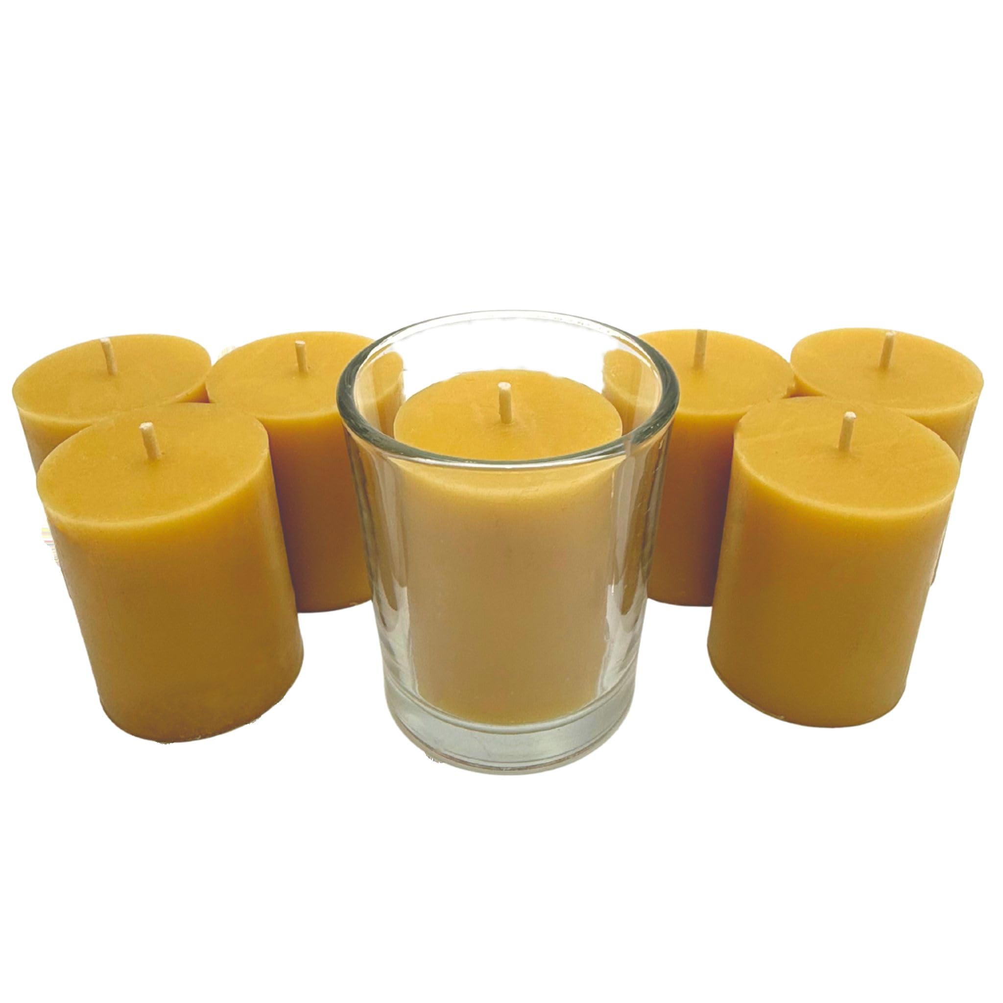 Luxurious Beeswax Votive Candles - Pack of 7 with Glass Container | Handmade, Clean-Burning, Long Lasting | Natural Honey Aroma | Versatile Décor for Home, Weddings, and More (Raw Yellow)