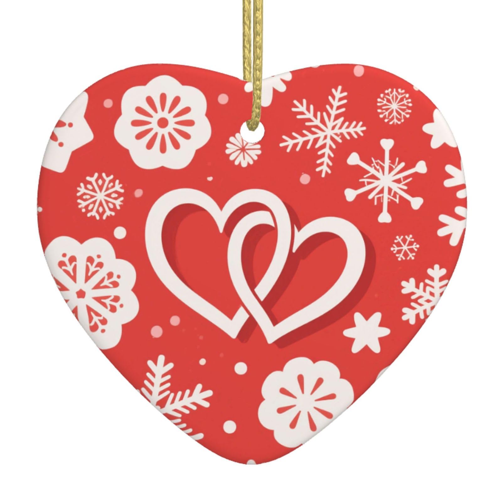 Valentine Hearts Snowflake Flower Christmas Ornament 2025 Heart Ceramic Hanging Ornaments for Home Decor Christmas Decorations with Gold Rope Double-Sided Xmas Tree Ceramic Hanging for Holiday Party