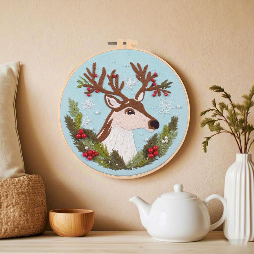 artcici Embroidery Kits Reindeer Head Christmas Wreath Patterns for Beginners Adults, Full Range Embroidery Starter Kits Cross Stitch Needlework Supplies (SkyBlue) image 4