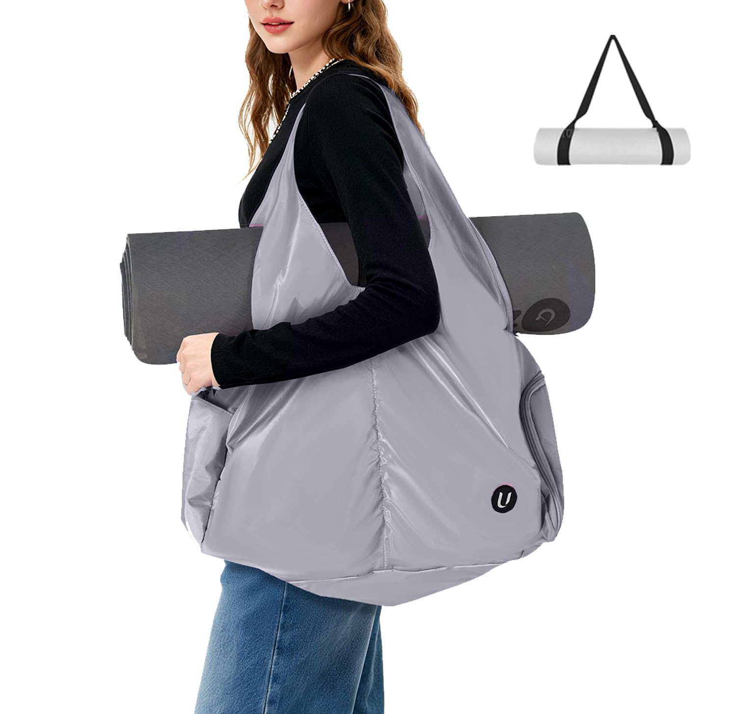 Bolsa de yoga para mujer, bolsa de gimnasio con compartimento para zapatos y bolsillo para seco húmedo, bolsa de yoga resistente al agua con correa ajustable (gris claro)