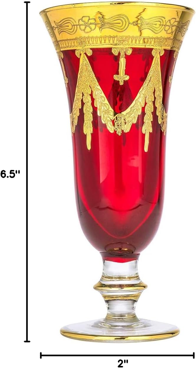 Italy Ruby Red Crystal Champagne Flutes Vintage Design 24K Gold Hand Decorated, 9 oz, Set of 1 (Red, Champagne)