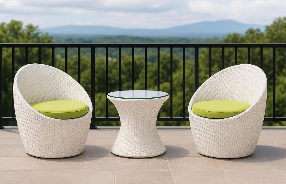 Image of India 2+1 Apple Patio Chair & Table Set with Cushion for Indoor Outdoor Seating Garden Balcony Patio Porch Lawn Living Room Coffee Furniture Set (White and Light Green Cushion)