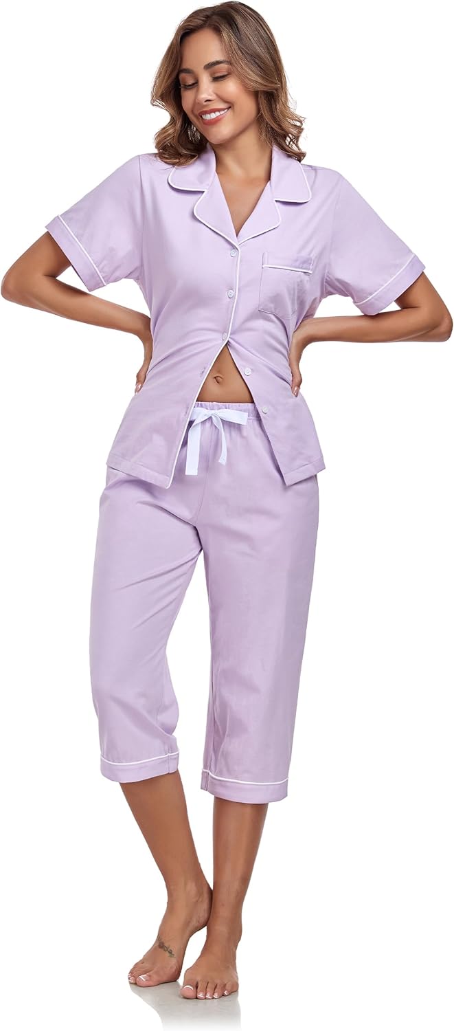 ANLIQI Womens Pajama Sets Summer Cotton Button Up Short Pjs for Women 2 Piece Sleepwear Soft Comfy Short Sleeve Shirt&Pants - Image 2