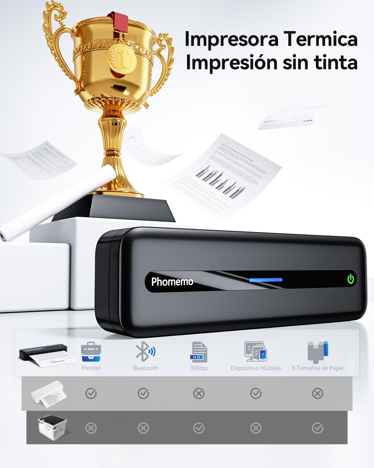 Phomemo M832 Impresora Térmica, Impresora Portátil A4 Compatible con Phone Mediante Bluetooth, Windows y macOS Mediante Cable USB, Impresora Sin Tinta para Viajes, Trabajo, Hogar, Negro