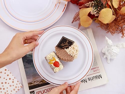 Miniatura 8 de Ciaell 250 platos de plástico de oro rosa, los juegos de platos de plástico blanco y oro rosa incluyen 50platos, 25 cuchillos, 25 tenedores, 25 mini