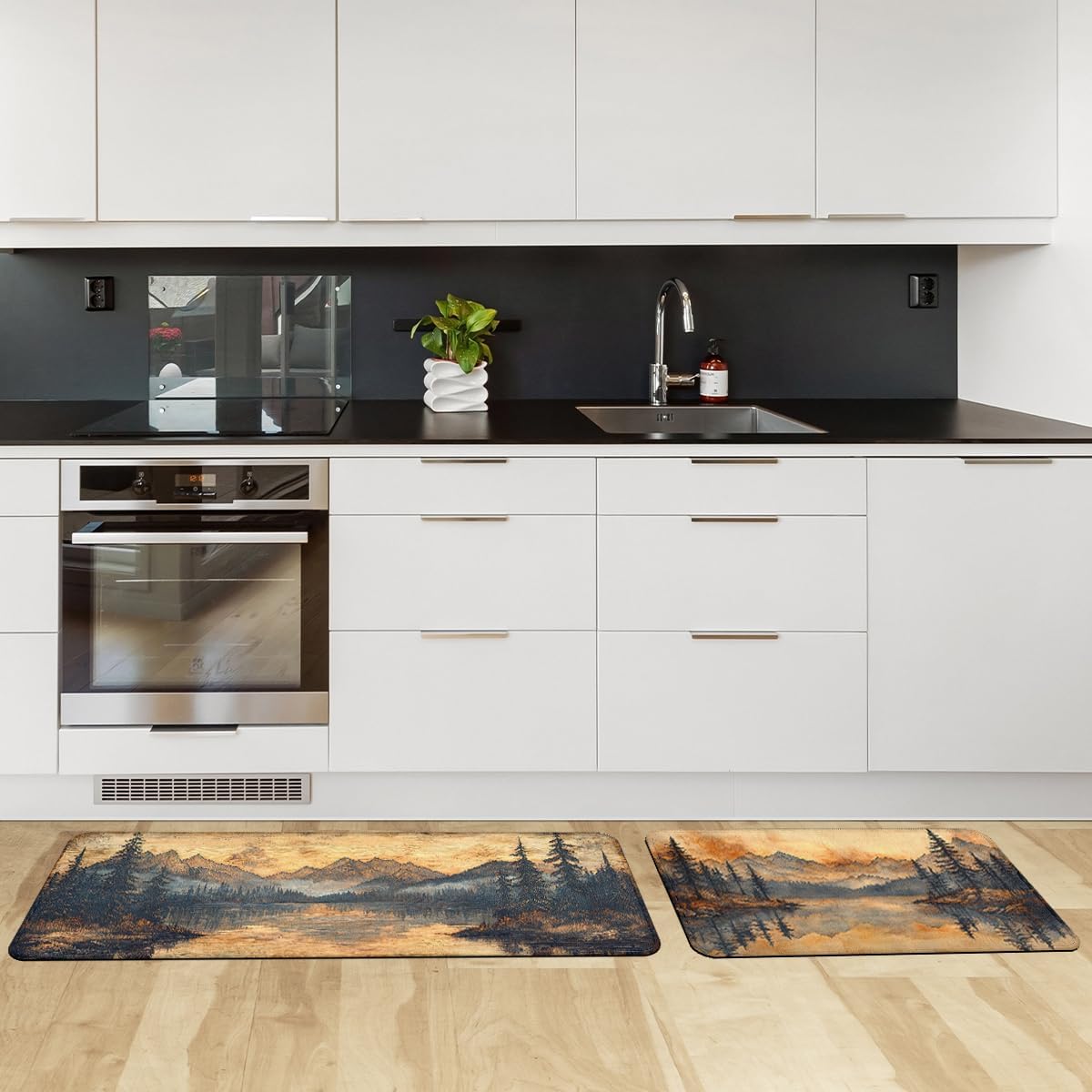 Mountain Kitchen Rug Set of 2, Nature Lake Nature Pine Forest Kitchen Rugs and Mats Non Skid Washable Microfiber Runner Rugs Accessories Decoration Floor Mats 17x29 and 17x47 Inch