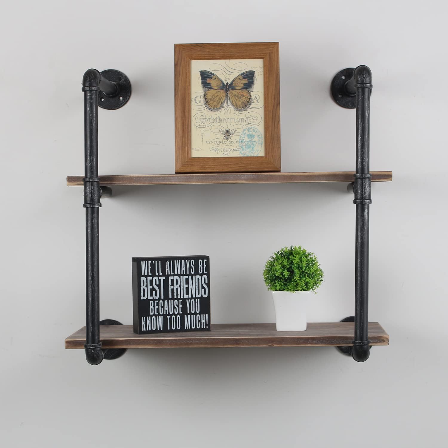 MBQQ Industrial Pipe Shelving Wall Mounted,24in Rustic Metal Floating Shelves,Steampunk Real Wood Book Shelves,Wall Shelf Unit Bookshelf Hanging Wall Shelves,Farmhouse Kitchen Bar Shelving(2 Tier)
