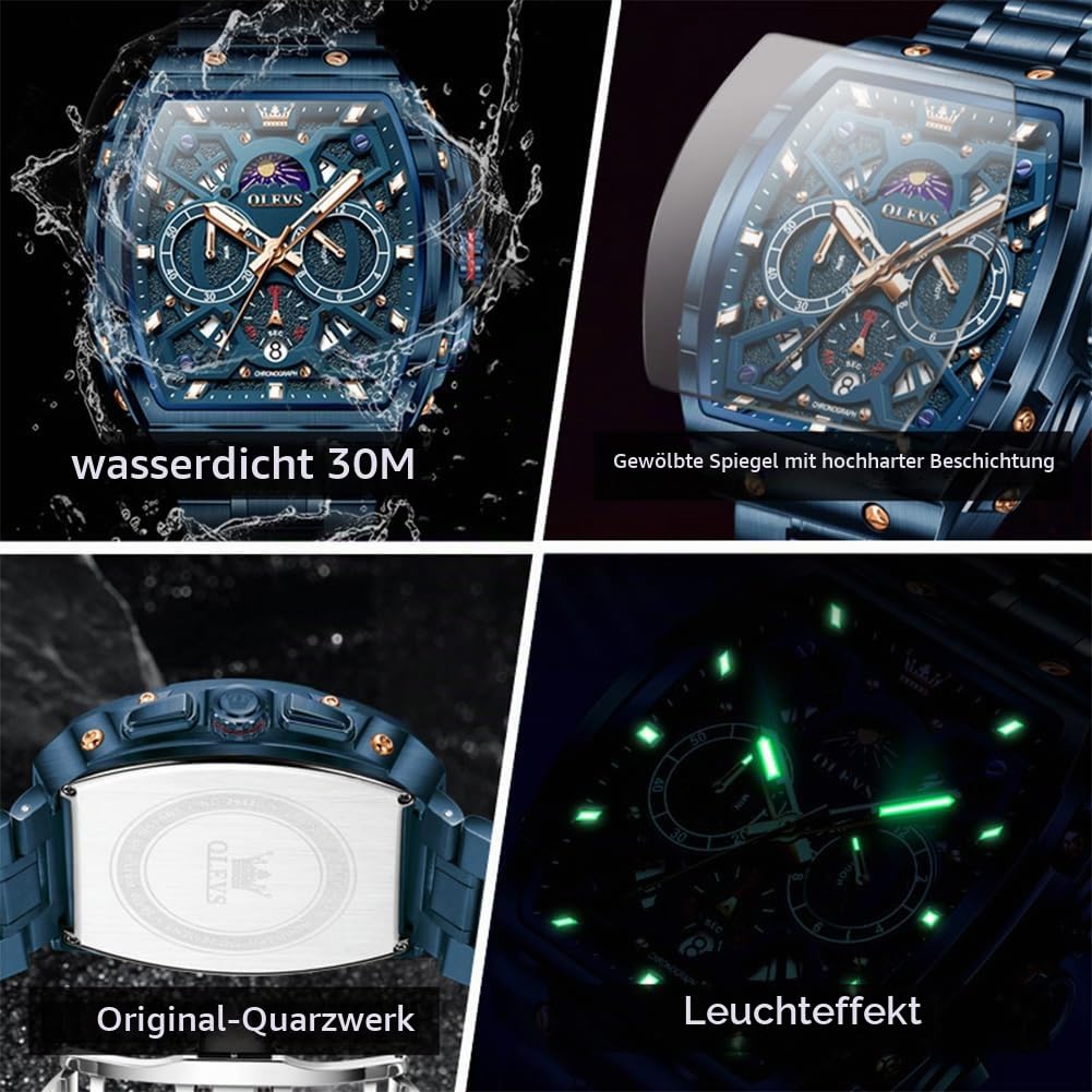 OLEVS Herren-Armbanduhr, modisch, analog, Quarz-Armbanduhr für Herren, rechteckig, großes Zifferblatt, Edelstahl-Uhrenarmband, wasserdicht, Militäruhr, Kalender, Datum,