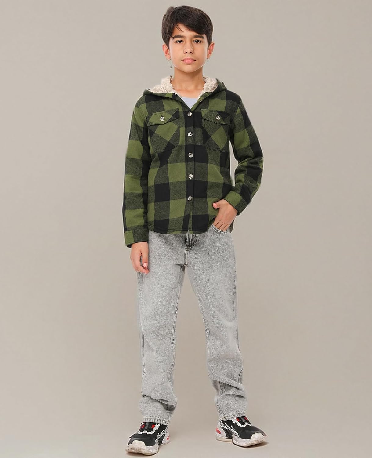ZENTHACE Boys Sherpa Fleece Lined Flannel Plaid Button Down Shirt Jacket,Hooded Flannel Shirt with Hand Pockets