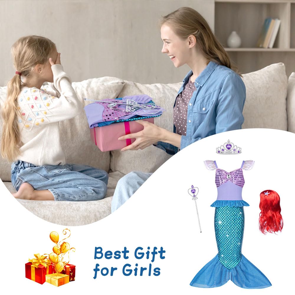 AOOWU Meerjungfrau Kostüm Mädchen, Set Meerjungfrau Kleid Mädchen mit Perücke, Lila Krone und Zepter, Kostüm Kinder für Karneval Party Halloween Weihnachten Cosplay