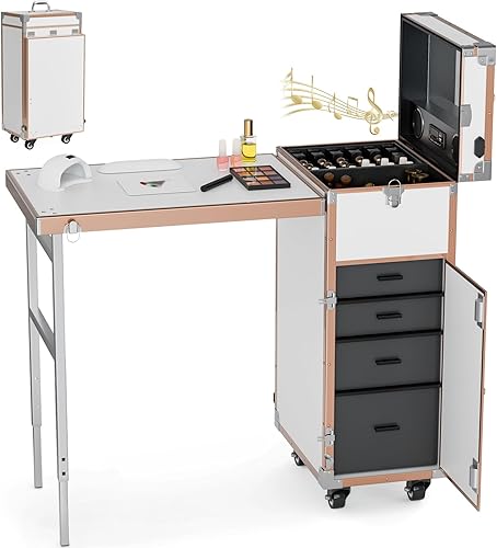 Mesa de manicura rodante estación de maquillaje con altavoz Bluetooth, escritorio de uñas portátil para enseñar uñas, carrito organizador de