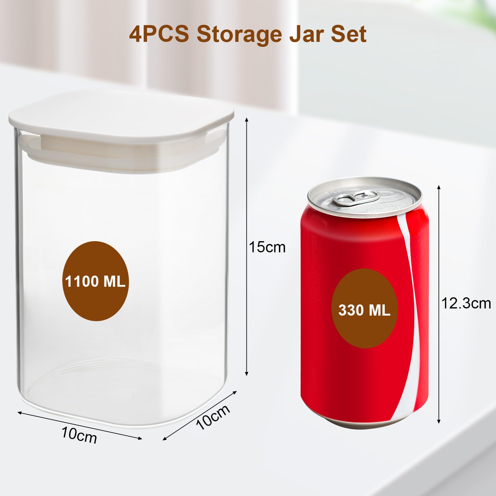 Cozary 1100ml Barattoli Vetro con Coperchio ABS, Set di 4 Quadrati Contenitori Vetro per Alimenti, Impilabili e Lavabili, Barattoli Ermetici in Cucina/Dispensa per Noci, Cereali