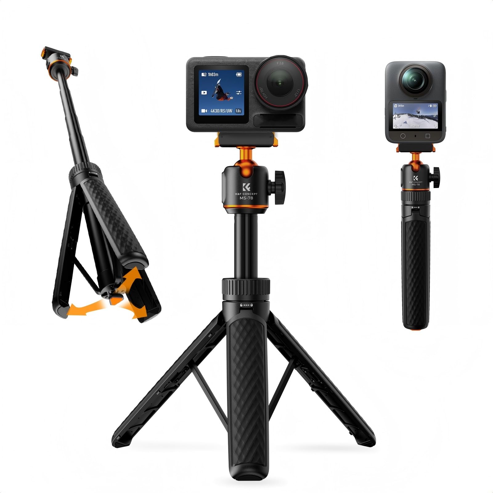 K&F CONCPET Osmo Action 5 Pro/4/3 Osmo 360三脚 自撮り棒 ワンタッチ開け マグネット式クイックリリース | クィックリリースマウント 360°雲台 最大65cm伸縮 軽量180g 携帯便利