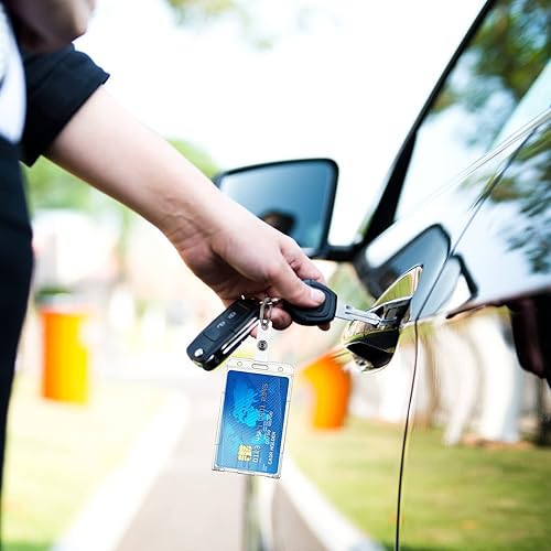 Miniatura 7 de Portatarjetas de identificación con llavero, paquete de 2 soportes de tarjetas de alta resistencia, llavero de plástico duro, protector para