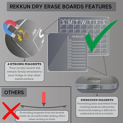 Miniatura 4 de REKKUN - Pizarras magnéticas acrílicas de borrado en seco. Juego de 2 piezas de calendario mensual acrílico de 16 x 12 pulgadas y lista de tareas