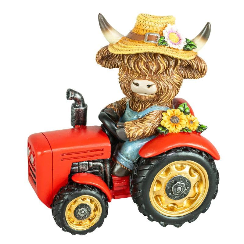 New Adorable Highland Cow Tractor Figurine,Rustic Farm Animal Home & Garden Decor Ornament, Decorative Statue with Red Tractor & Sunflower Details-N75