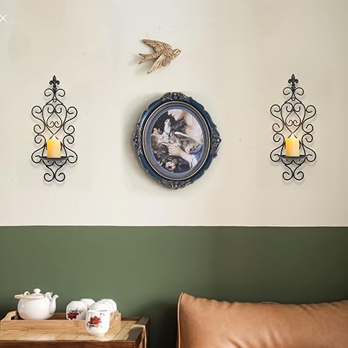 Miniatura 5 de Juego de 2 candelabros de pared, candelabros de pared para sala de estar, comedor, dormitorio, portavelas de pared de metal antiguo negro para