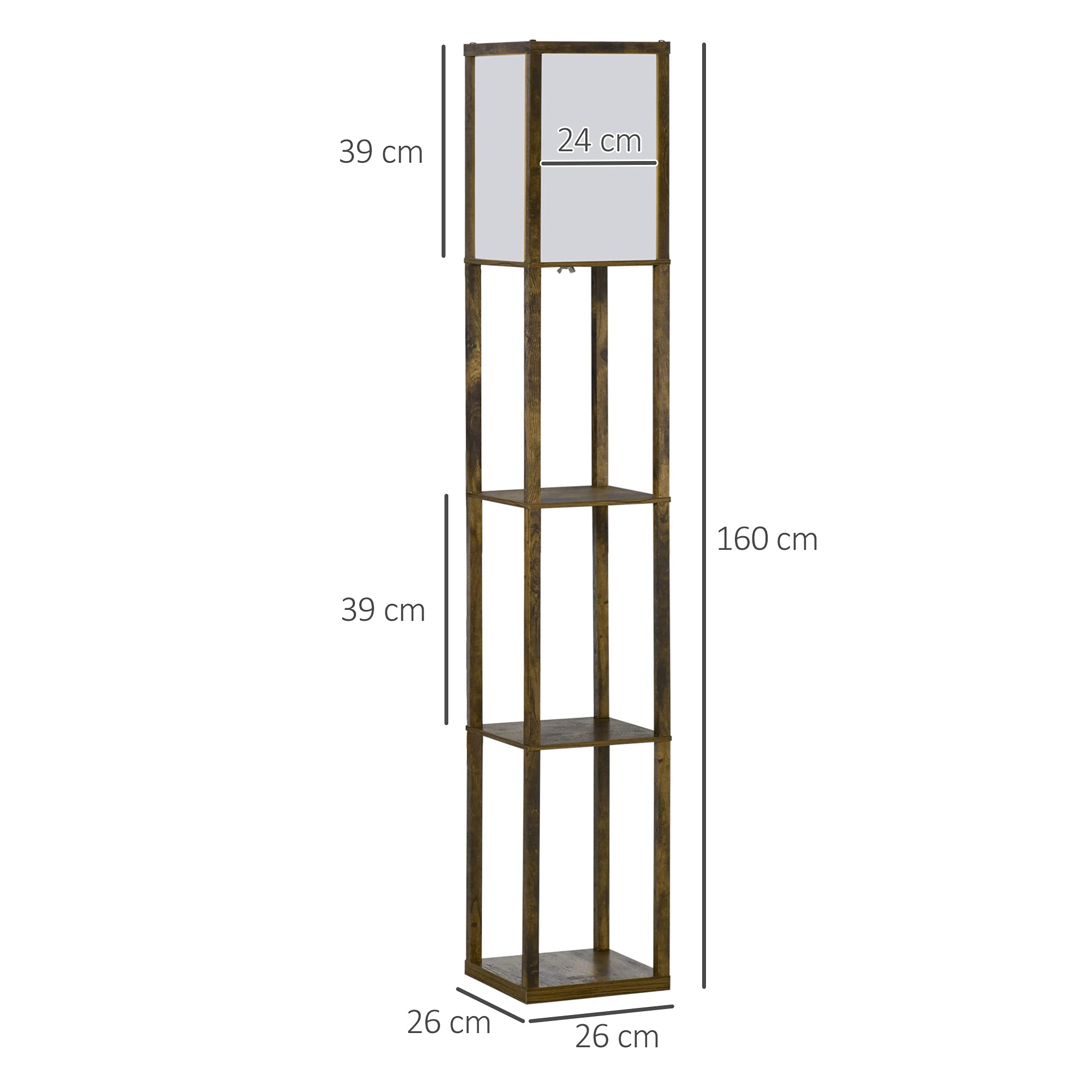 HOMCOM Lampada da Terra Piantana 40W con 3 Scaffale, Attacco E27, Lampada da Pavimento Moderno con Paralume in Acrilico, Soggiorno, Salotto, Camera da Letto, Studio, Ufficio, 26x26x160cm, Color Legno