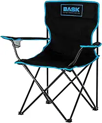 BASK Cadeira Alvorada Dobrável Portátil Reforçada com Suporte 180kg | Alça de Ombro Integrada | Porta-copo | Conforto e Espaço Ampliado para Camping, Praia e Pesca (Preto)