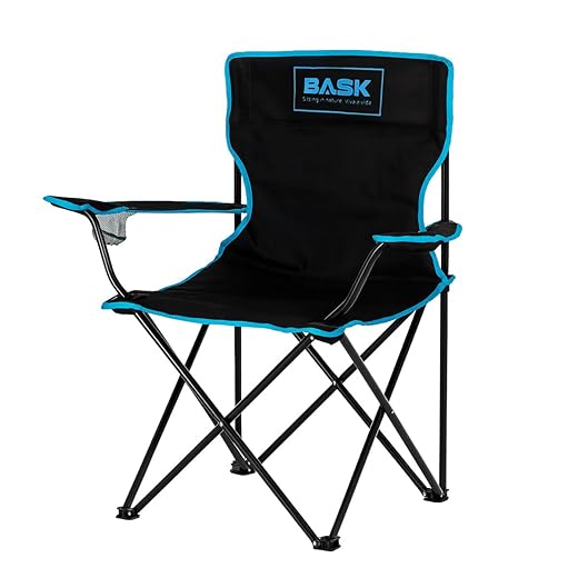 BASK Cadeira Alvorada Dobrável Portátil Reforçada com Suporte 180kg | Alça de Ombro Integrada | Porta-copo | Conforto e Espaço Ampliado para Camping, Praia e Pesca (Preto)