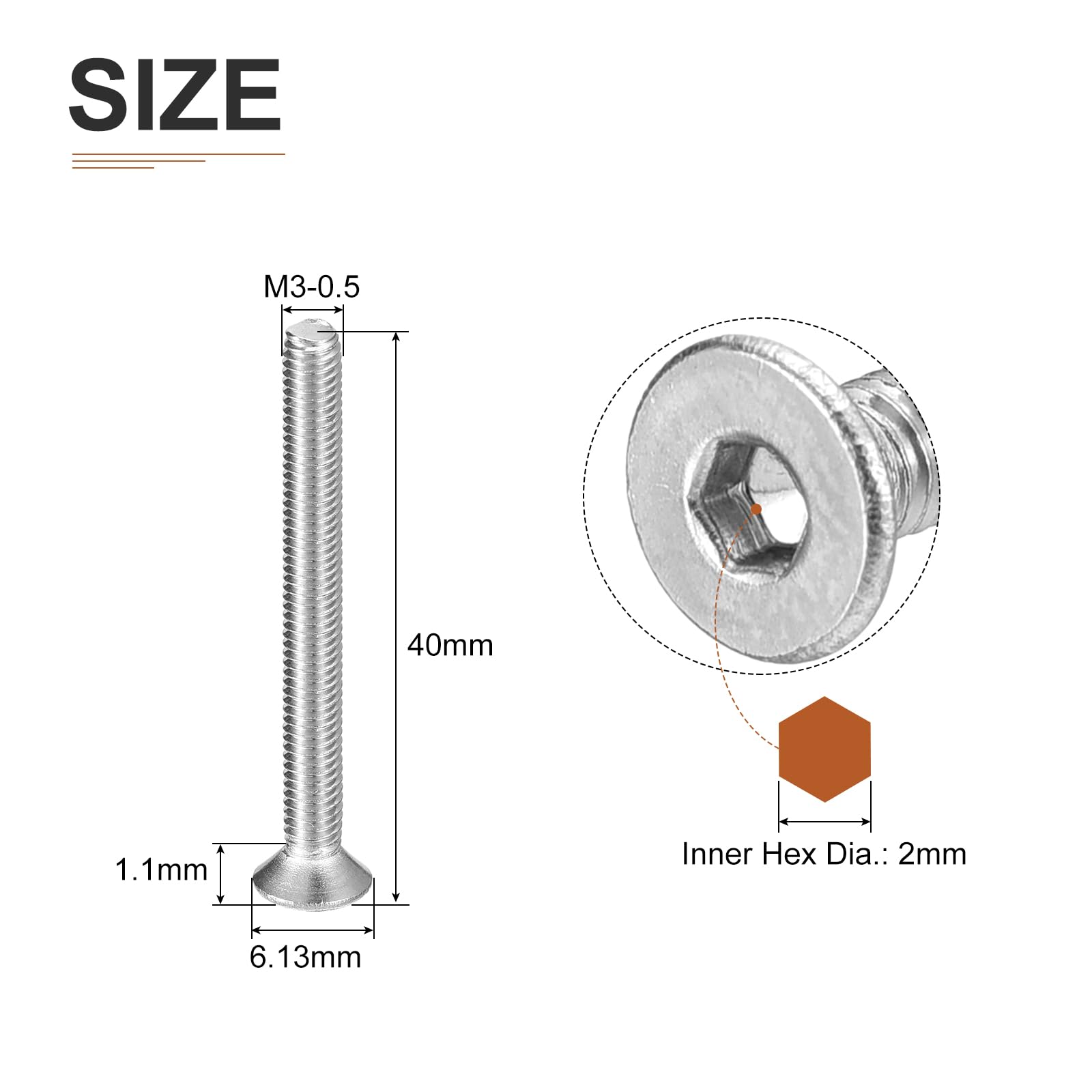 DTGN M3-0.5 x 40mm Flat Head Socket Cap Screws, 40 Pack 304 Stainless Steel Hex Socket Flat Head Screws, Full Thread, Countersunk Bolts - Image 2