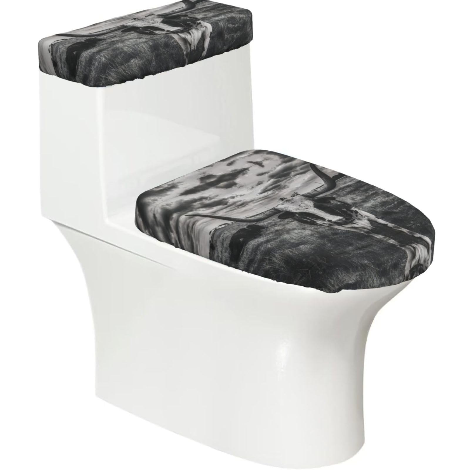 Black and White Cow 2-Piece Toilet Seat Cover Set with Tank Lid - Elastic for U-Shape & Elongated - Bathroom Decor