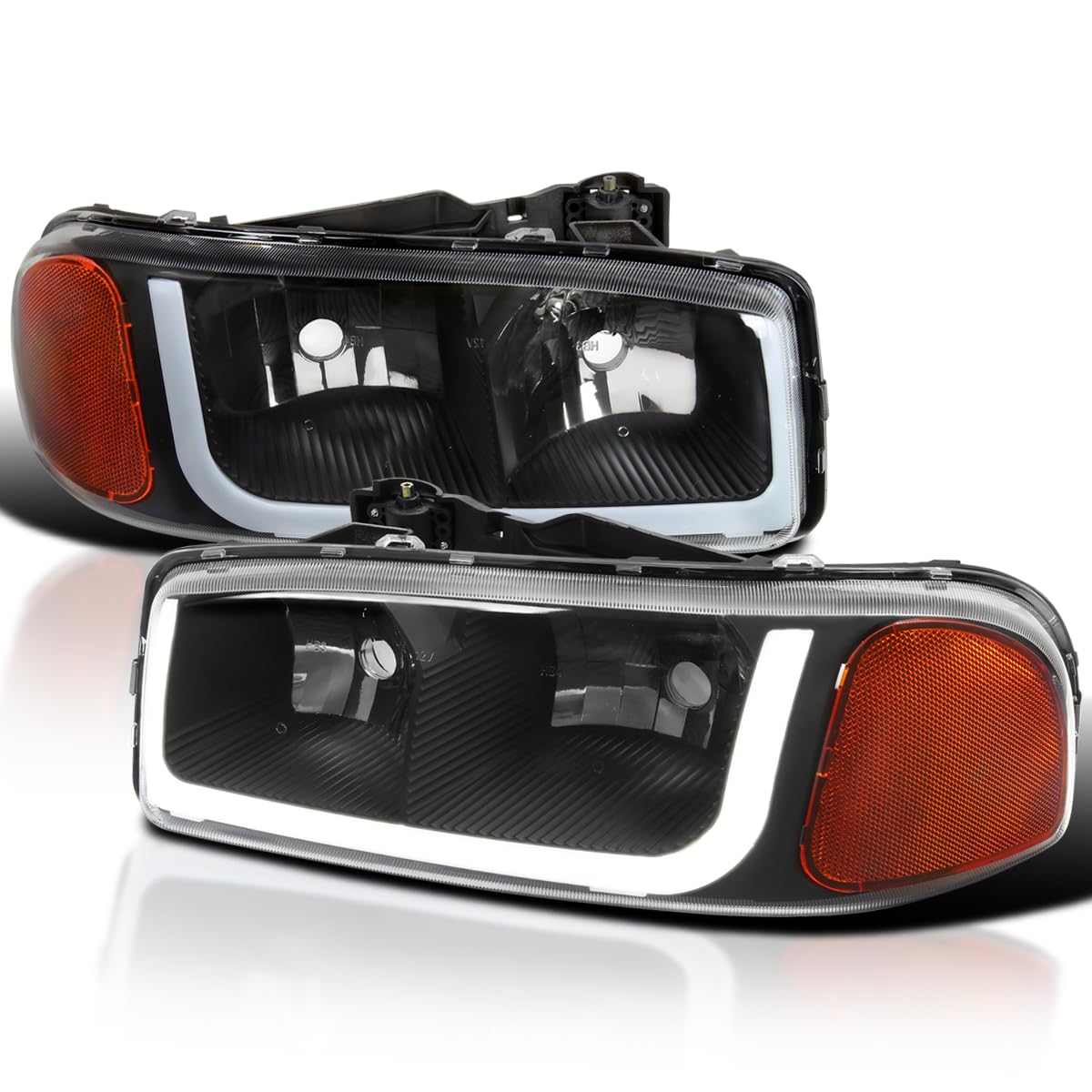 Matte Black Headlights + LED Strip Compatible with GMC Sierra 1999-2006, 00-06 Yukon SLT Denali XL L+R Headlight Pair