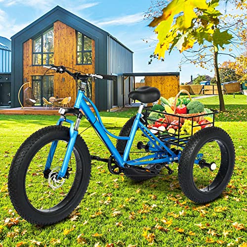 7 Speed Adult Tricycle (Fat TIRE), 3 Wheels Cruiser Bicycle with Big Basket, Bikes for Recreation, Shopping, Picnics,Bicycles with Fat Tire for Men Women Adult,More Safe and Stable