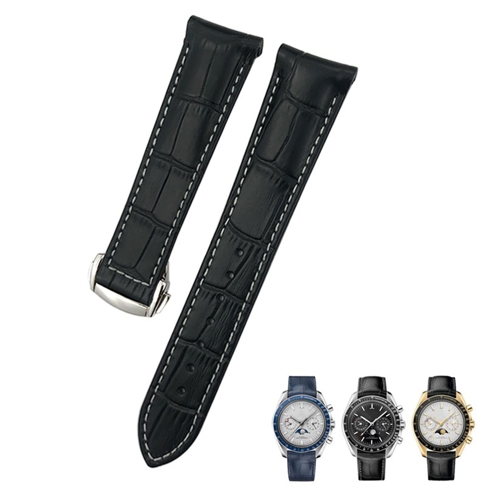 Correa de reloj curvada de cuero vacuno de 19 mm, 20 mm, 21 mm, compatible con Omega Speedmaster Seamaster 300 AT150 Sxwatch