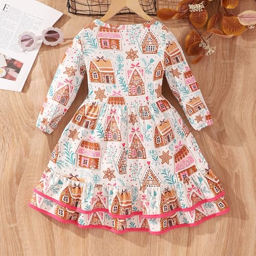 DDSOL Toddler Girl Christmas Dress Little Kid Long Sleeve Dinosaur Santa Swing Ruffle Casual Dress Xmas Clothes 2-7 Year4