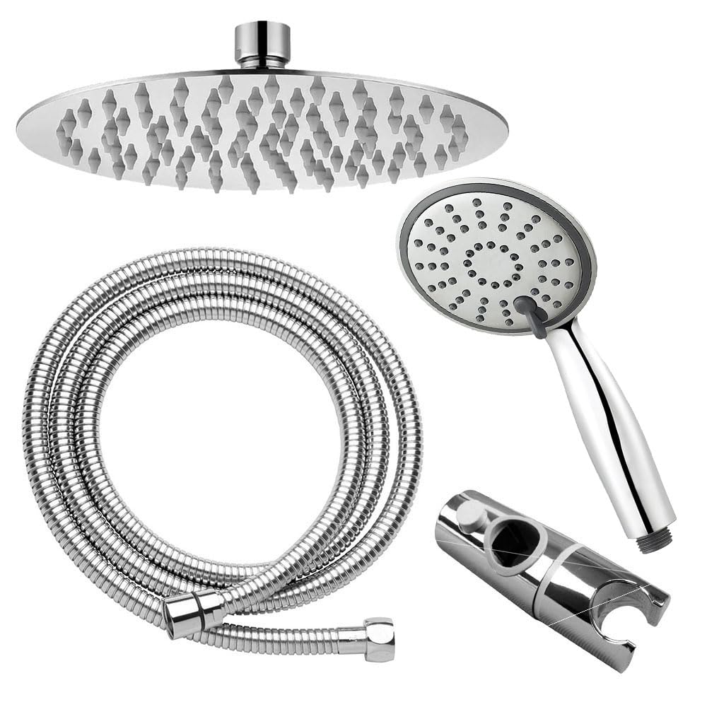 Columna de ducha termostática extralarga ROU Round, con tubo extensible de 100 a 150 cm. Rociador extraplano de 20cm y ducha de mano de hidromasaje redondos. Recambios garantizados