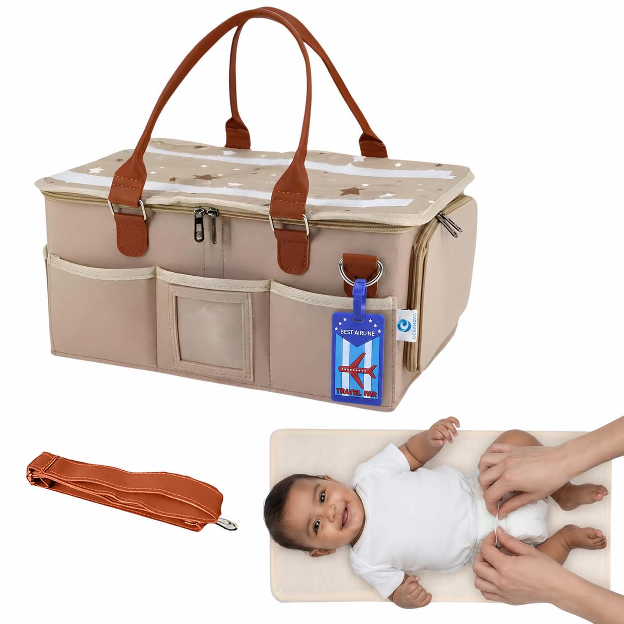 OCEANEVO Cute Diaper Caddy Organizer Bag WITH Lid, Changing Mat & Luggage Tag | New Born Baby Essentials Storage Basket with Compartments and Removable Shoulder Strap | 40 x 27 x 19 Cm - Beige-image-2