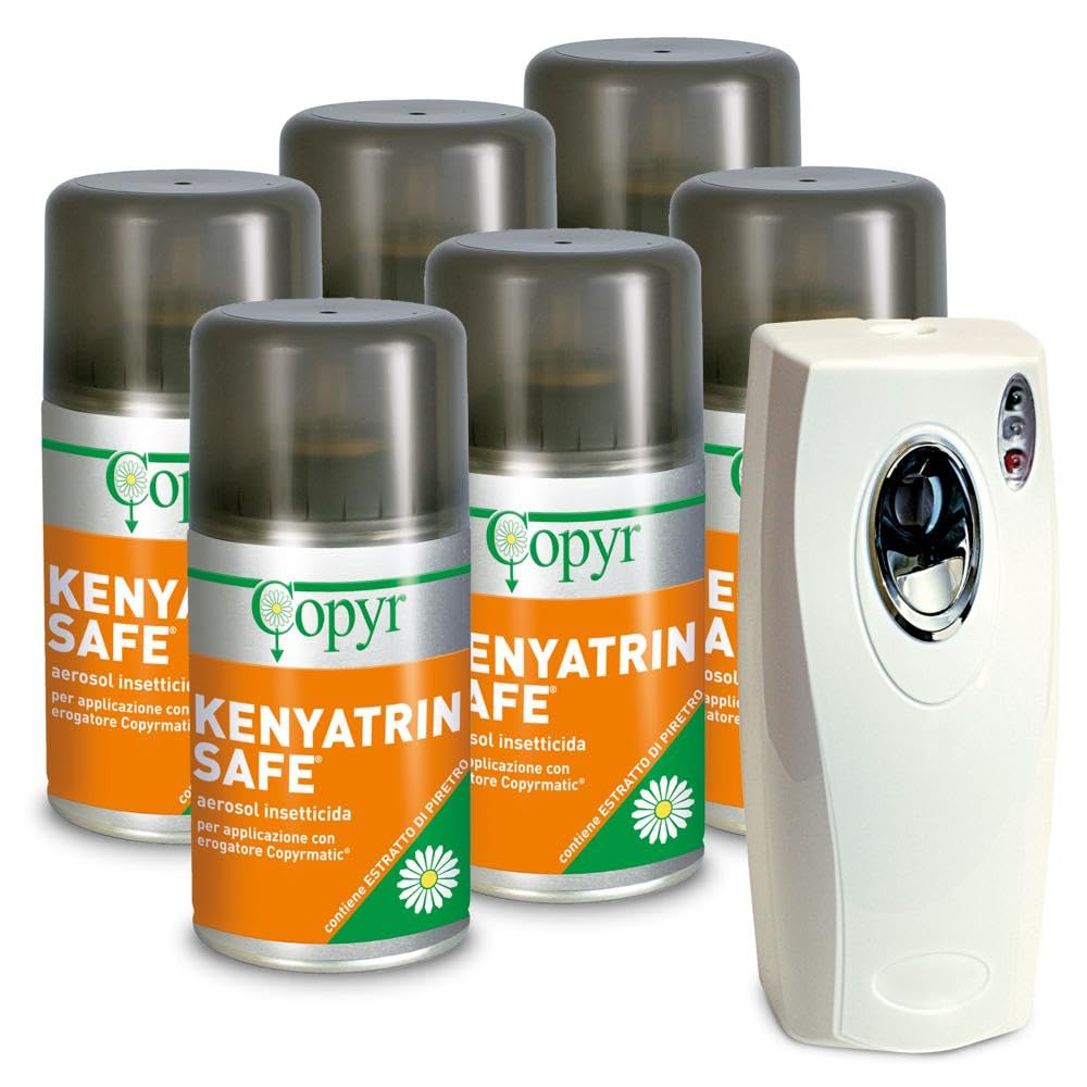 Copyr Kenyatrin Safe e Copyrmatic Evolution Night & Day - Insetticida Antizanzare, Mosche e Insetti Volanti, 6 Bombole 250ml + Erogatore Automatico, Piretro Insetticida Biologico e Repellente Zanzare