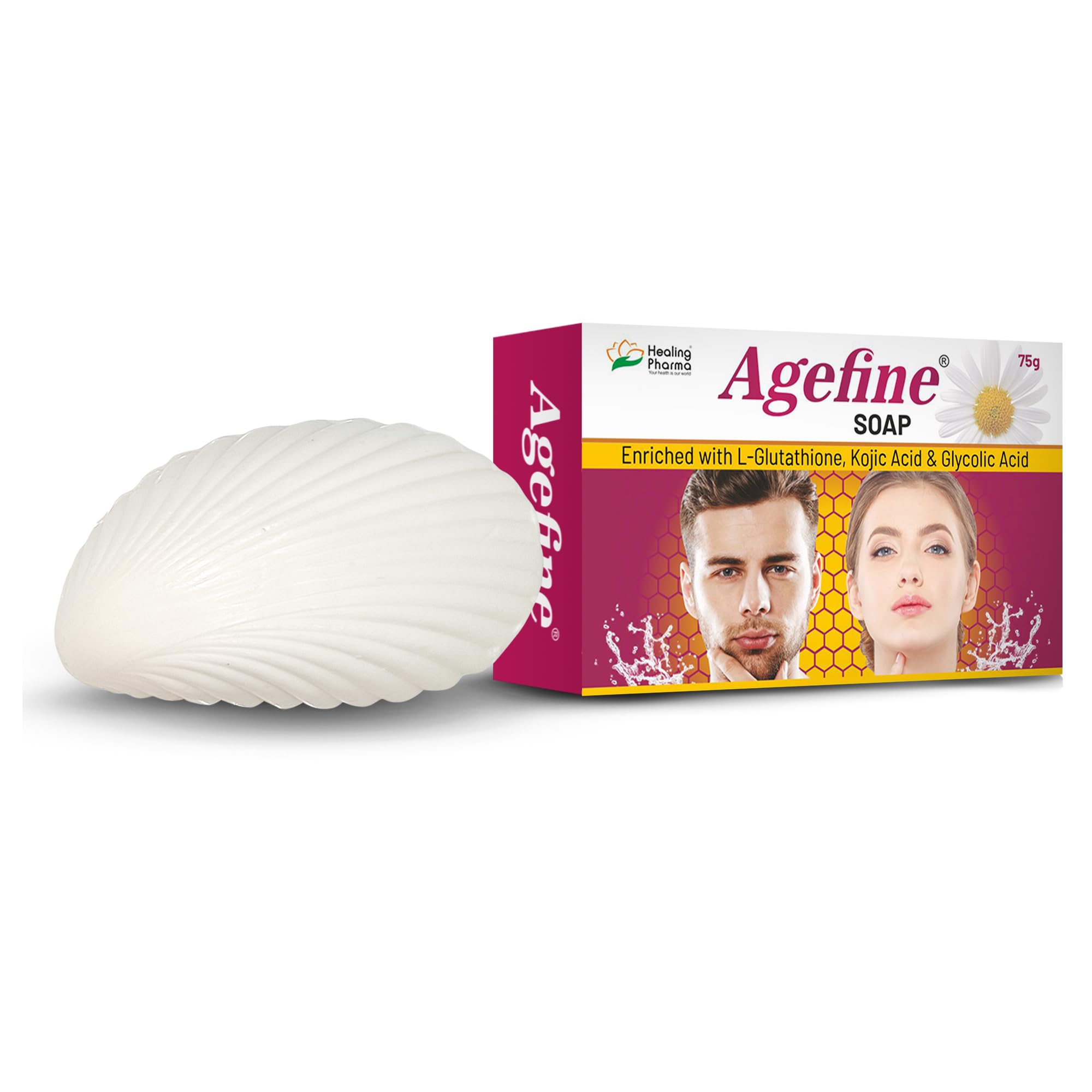 Healing Pharma - Agefine Kojic Acid, L-Glutathione & Glycolic Acid Soap | Tan Removal Soap for Men & Women | Soap for Dark Spots, Hyperpigmentation & Glowing Skin - Daily Use (Pack of 3, 75g Each)