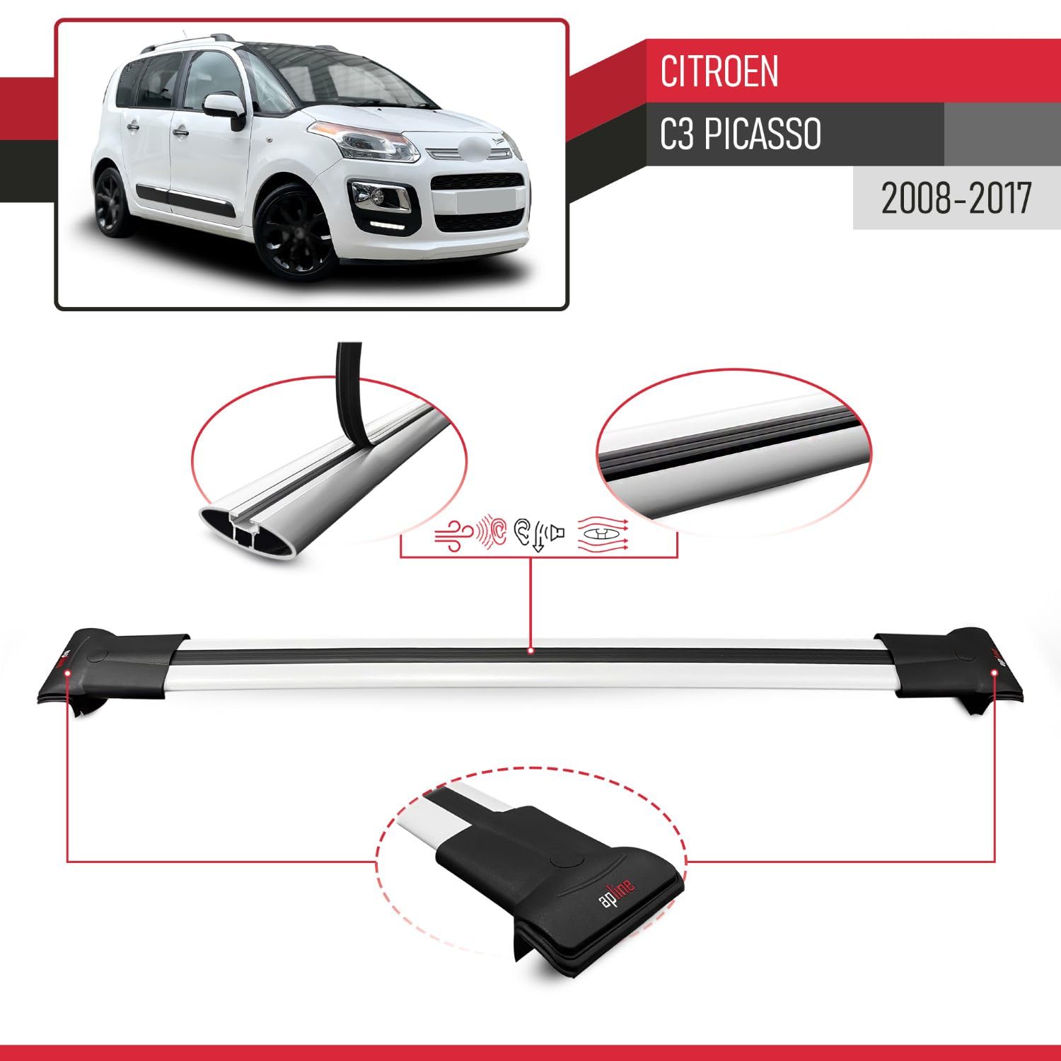 Compatibile con Citroen C3 Picasso 2008-2017 Modello FLY Barre Tetto Portapacchi Auto Barre Portatutto Grigio Alluminio 2 Barre