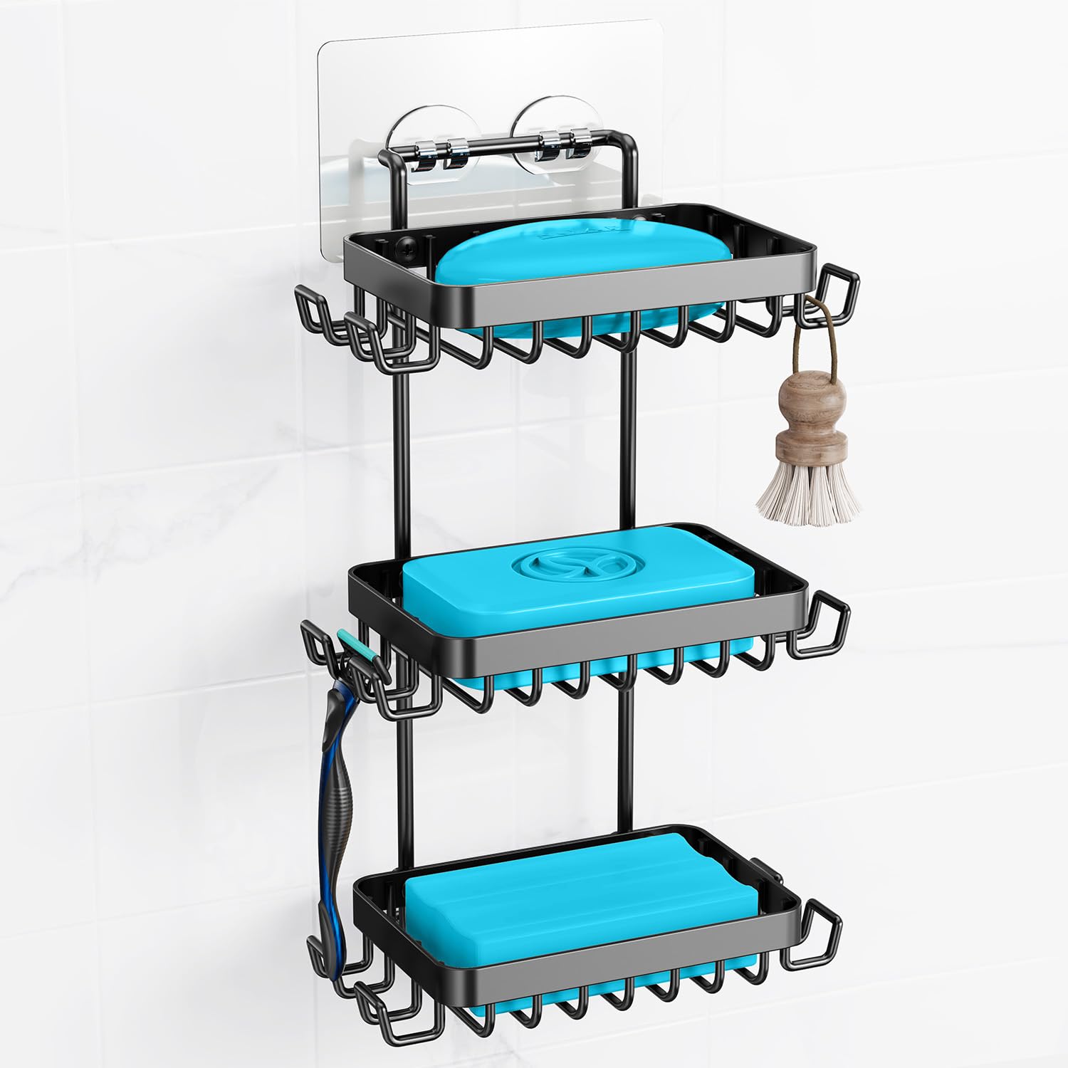Nieifi 3 Tier Soap Holder Shower, Stainless Steel Adhesive Bathroom Shower Wall Dish Holder with Hooks, Black