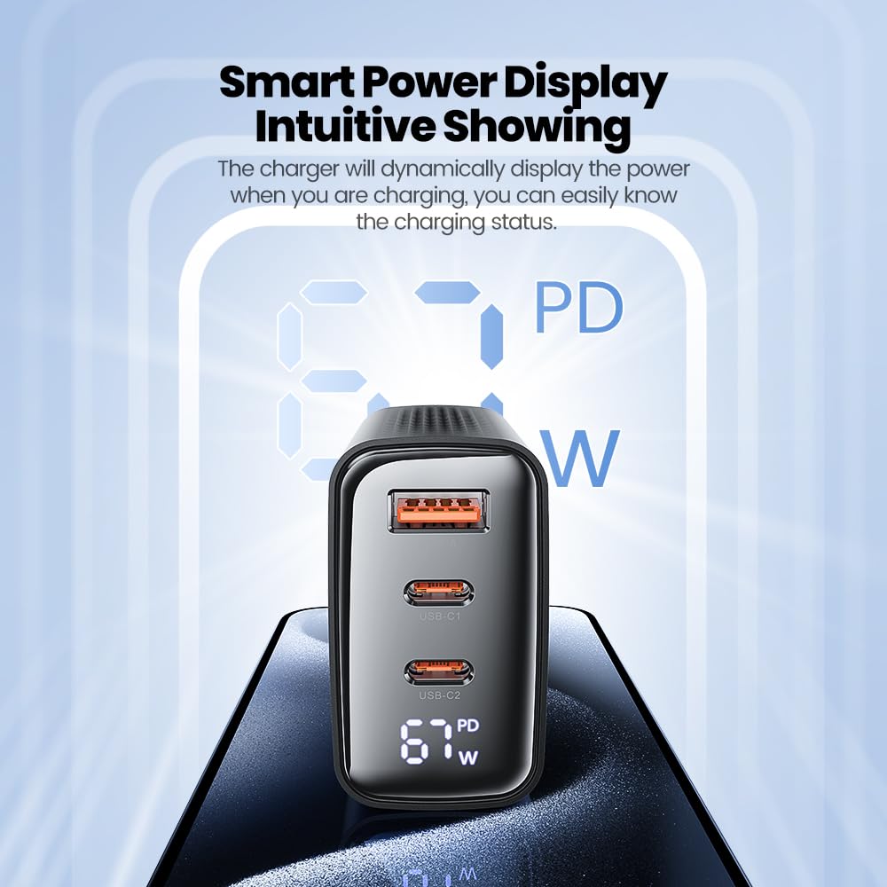 Toocki - Ładowarka GaN 67W do europejskich gniazdek ściennych, 2x USB-C, 1x USB-A, cyfrowy wyświetlacz watów, kompatybilna z PD 3.0, QC4+, PPS, dla iPhone, MacBook, iPad, Samsung Galaxy, Xiaomi,
