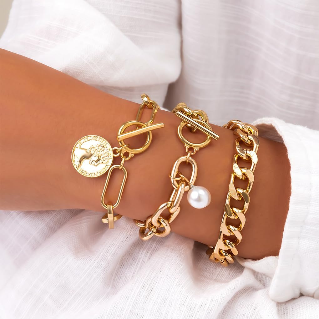 FUTIMELY Chunky Coin OT Bracelets,Charming Plated Gold Cuban Link Stackable Bracelet Set,Aesthetic Pearl Portrait Pendant Toggle Statement Bangle for Women - Image 2